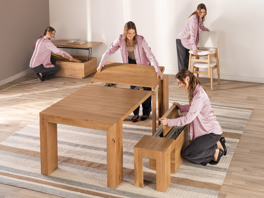 American Silver Birch::Gallery::Expanded Siberian Birch Transformer Table Shown with Bench